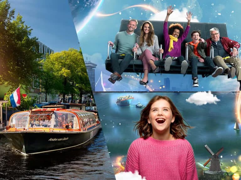 אניית תיור על תעלה באמסטרדם ביום בהיר.