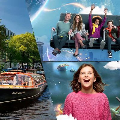 אניית תיור על תעלה באמסטרדם ביום בהיר.